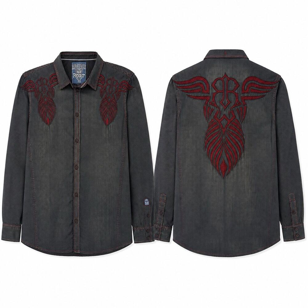 Roar Signature Edition Men’s XL Black/Gray Red Embroidered Button Up Shirt Y2K
